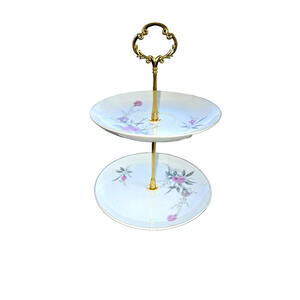 Vintage Handmade 2 Tiered pink Floral Tiered Tray, trinket dish; shabby chic